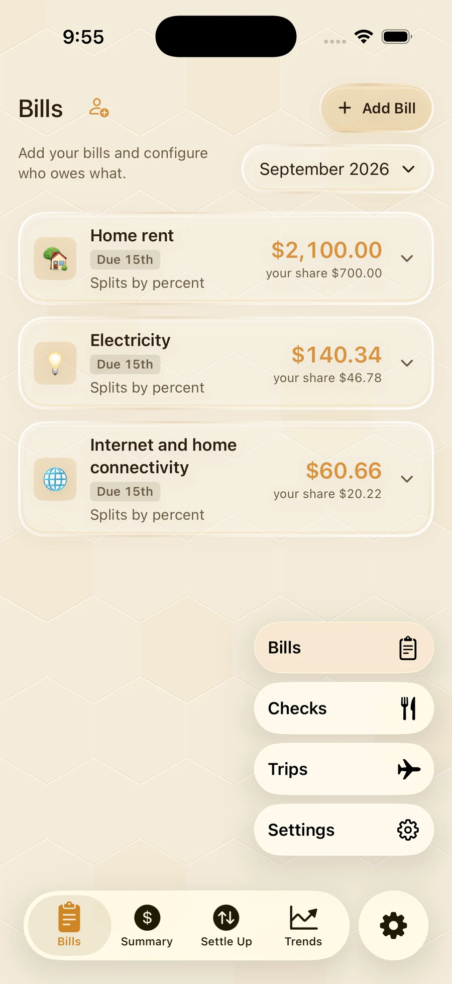BillHive Bills screen with household bills, individual shares, and the mode menu