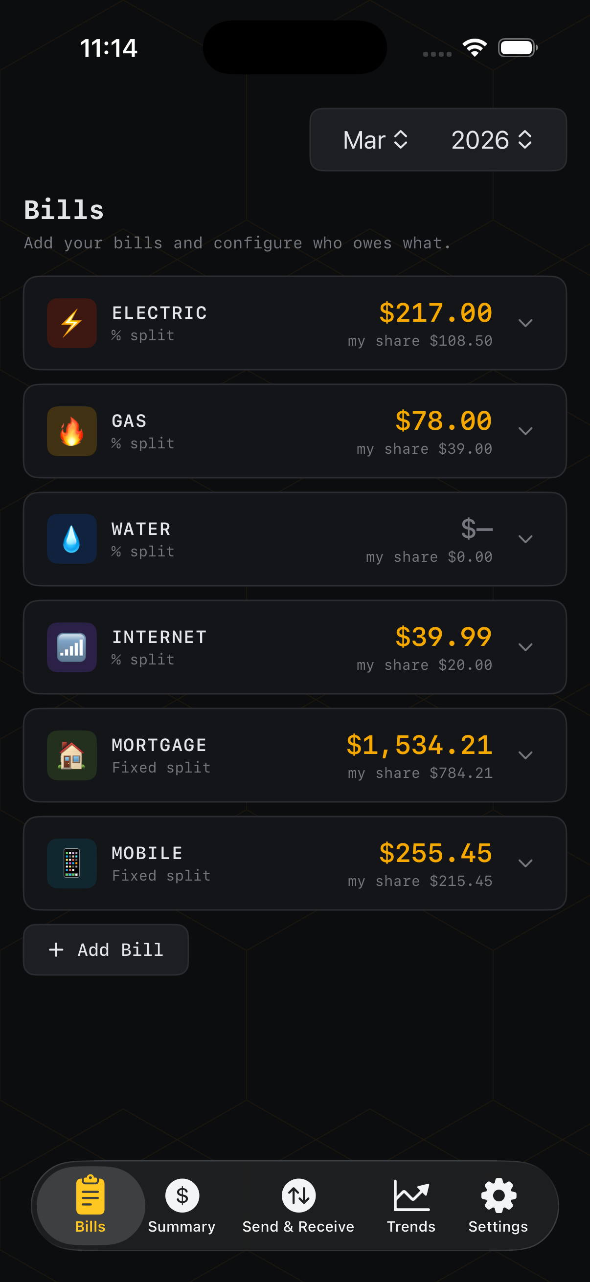 BillHive iOS app — Bills tab